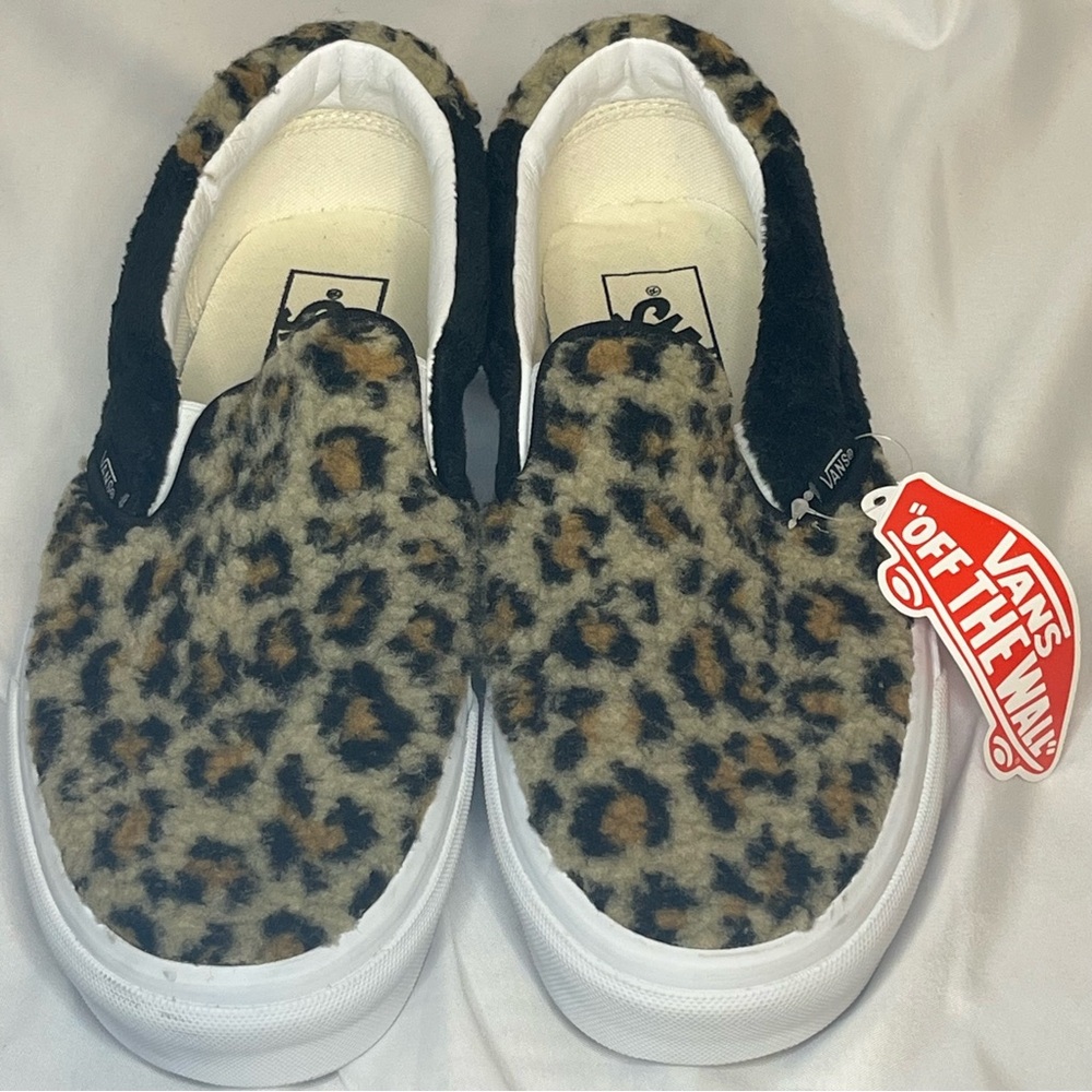 Women's 8.5 Vans Slip On Sherpa Leopard Faux Fur Sneakers Shoes 721454 Y30 New